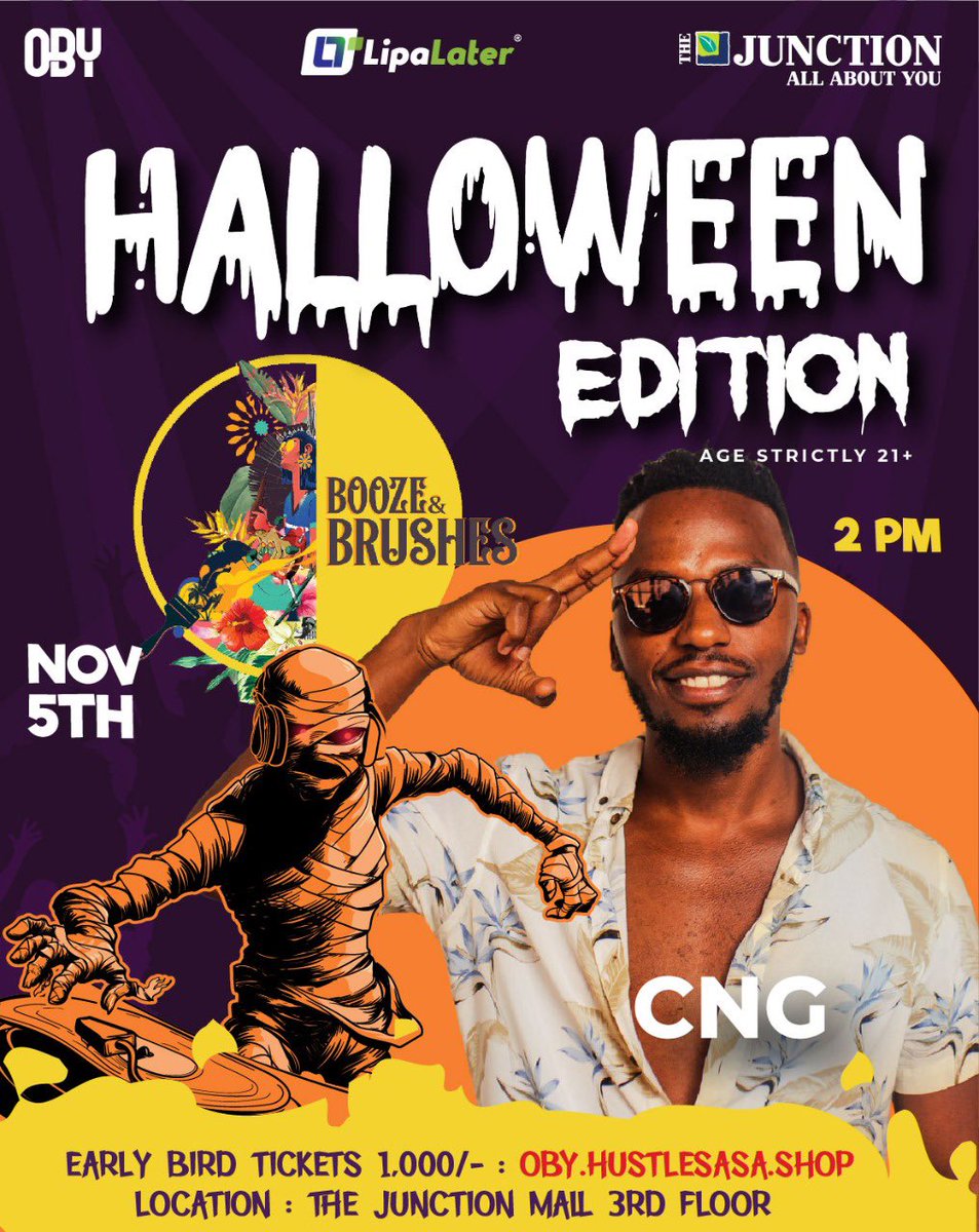 OBYAfrika's tweet photo. Booze and Brushes is back this Halloween! On November 5 from 2 PM, join us at @thejunctionmall for a spooky fun-filled Sato afternoon plan! We’ve lined up a memorable event with our signature guided painting session, food &amp; drink specials, fun games, and lots of great music from https://t.co/ovZa0XppLr