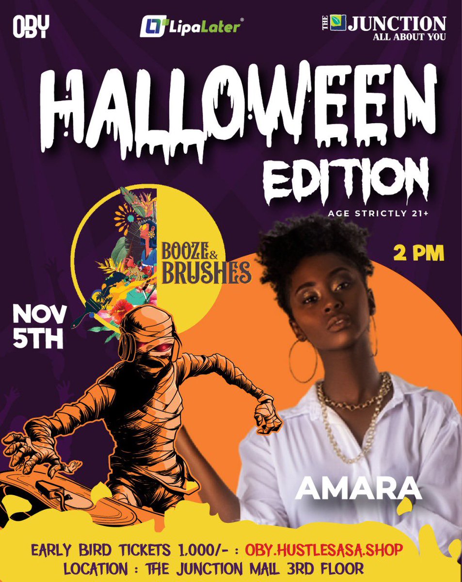 OBYAfrika's tweet photo. Booze and Brushes is back this Halloween! On November 5 from 2 PM, join us at @thejunctionmall for a spooky fun-filled Sato afternoon plan! We’ve lined up a memorable event with our signature guided painting session, food &amp; drink specials, fun games, and lots of great music from https://t.co/ovZa0XppLr