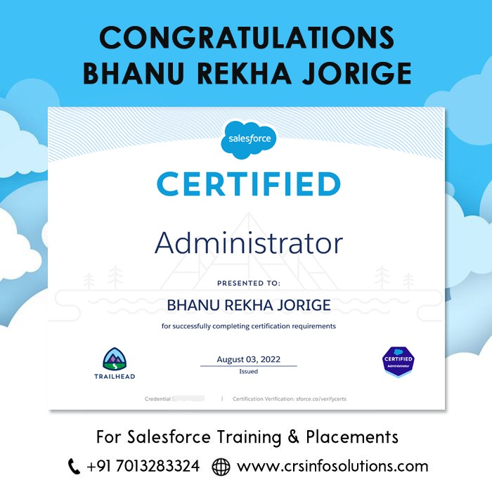 Hearty Congratulations to our student Bhanu Rekha Gorige. All the very best to future endeavours. For Salesforce training and certification preparation, please enroll in our free demo class.

Phone: +91-7013283324
Website: crsinfosolutions.com
#salesforcecertified
#salesforce