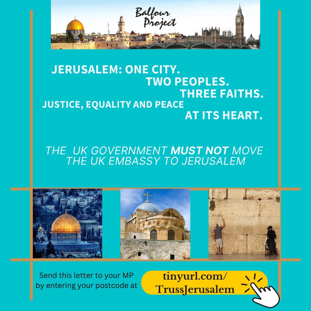 BritPalProject's tweet photo. PM @trussliz attempt to move the embassy to Jerusalem would give legitimacy to Israel’s illegal annexation of East Jerusalem, ignoring Palestinian statehood and rights.

Let’s uphold equal rights.

Write this letter to your MP by entering your postcode: https://t.co/R21dBg9yMG https://t.co/jxTyfS6sY9