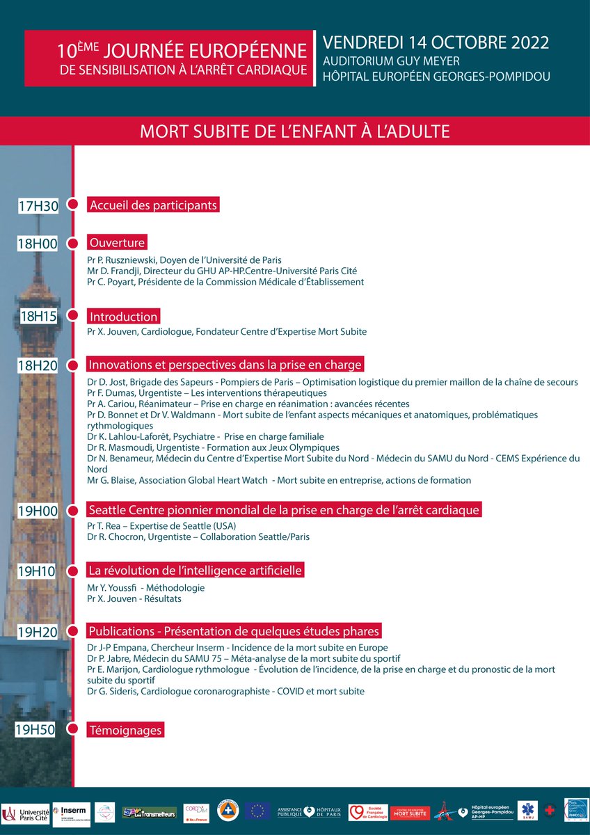 10ème journée européenne de sensibilisation à l'arrêt cardiaque Chaque année en France, plus de 40 000 personnes sont victimes d'une mort subite. Une conférence est organisée aujourd'hui à 18h par le @CEMS_Paris à l'@HopitalPompidou @APHP @parcc_inserm @UP_Medecine @EloiMarijon