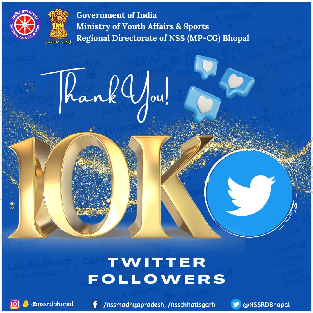 NSSRDBhopal's tweet photo. A family of 10K members on Twitter🌼🌻🌺🏵️. 
Thank you for your support &amp; co-operation.

(Poster Credit: @Mayank_v86 )
@YASMinistry @_NSSIndia @sanjayjavin @pankajsinghips @askabir_ https://t.co/1kxAXFqu3r