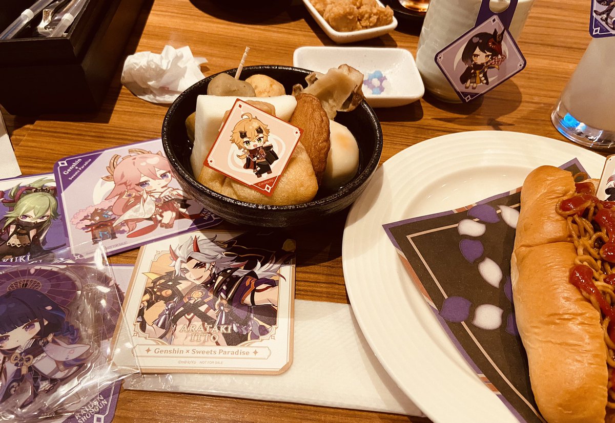 arataki itto ,kujou sara ,yae miko food mask table multiple girls horns pink hair fox ears  illustration images