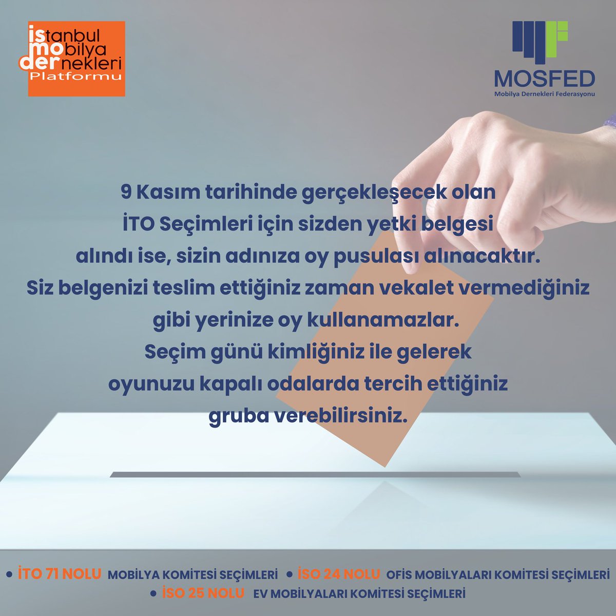 ismoder_secim's tweet photo. 9 Kasım tarihinde gerçekleşecek olan İTO Seçimleri için sizden yetki belgesi alındı ise, sizin adınıza oy pusulası alınacaktır.
#OMSİAD #hepbirliktedahaileriye #mobilya #maksder #MOSFED #MOBDER #İSMODER #MOSDER #MOBSAD #OMSAD #İTO #MUDER #SECIM #secim https://t.co/fHNokLBW2b