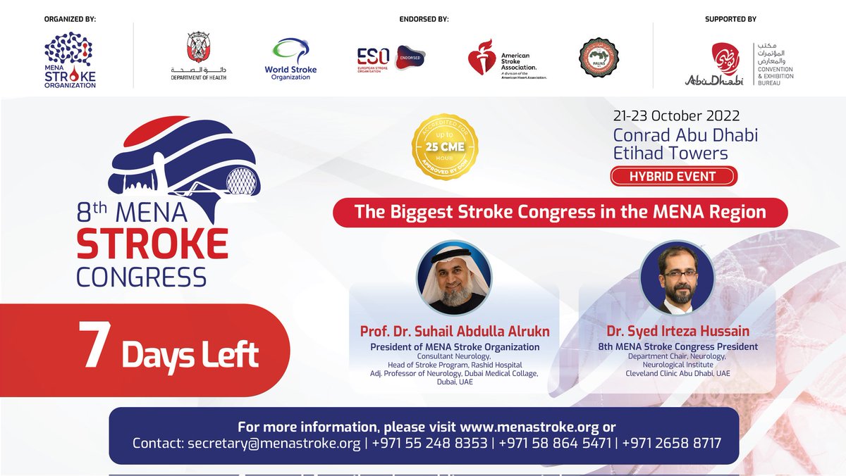 StrokeMena's tweet photo. 🚨Only 7 days left🚨
We are delighted to announce the symposium & workshops of the biggest #stroke congress in the #mena region
📲Hurry up & secure your seat now in the 8th MENASO congress 🔗https://t.co/GC4vZvzFWE
@American_Heart
#MENAstroke #menasoc #strokeupdate #uae #cmehours https://t.co/7lZJGPwtX0