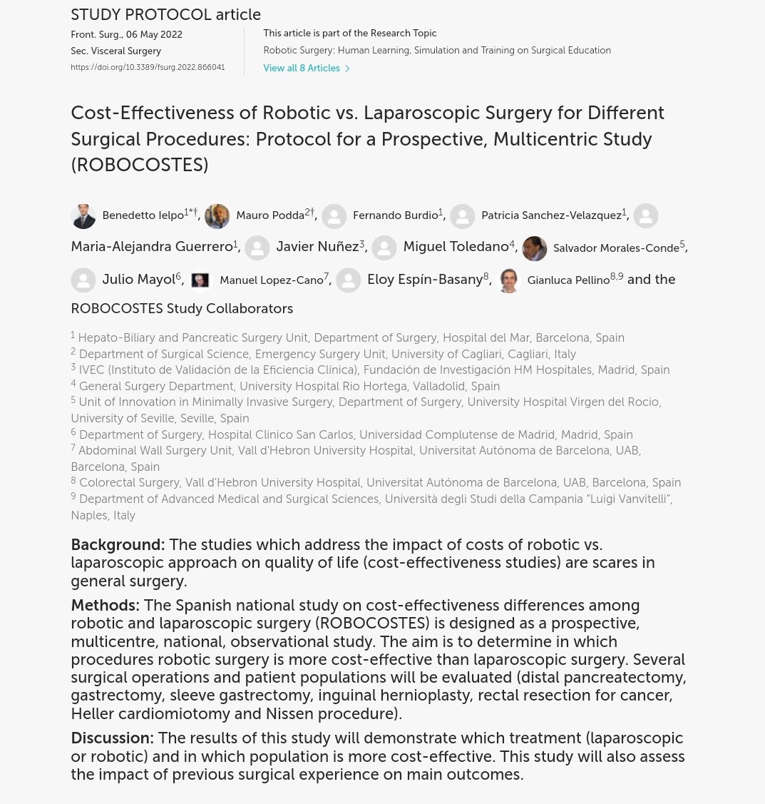 Gianluca Pellino (@gianlucapellino) on Twitter photo The protocol of the ROBOCOSTES study is available online at
frontiersin.org/articles/10.33…
#openaccess #SoMe4Surgery
"Cost-Effectiveness of Robotic vs. Lap Surgery for Different Surgical Procedures"
First results soon!
<a href="/IelpoB/">benedetto ielpo</a> <a href="/eloiespin/">Eloy Espín</a> The protocol of the ROBOCOSTES study is available online at
frontiersin.org/articles/10.33…
#openaccess #SoMe4Surgery
"Cost-Effectiveness of Robotic vs. Lap Surgery for Different Surgical Procedures"
First results soon!
<a href="/IelpoB/">benedetto ielpo</a> <a href="/eloiespin/">Eloy Espín</a>