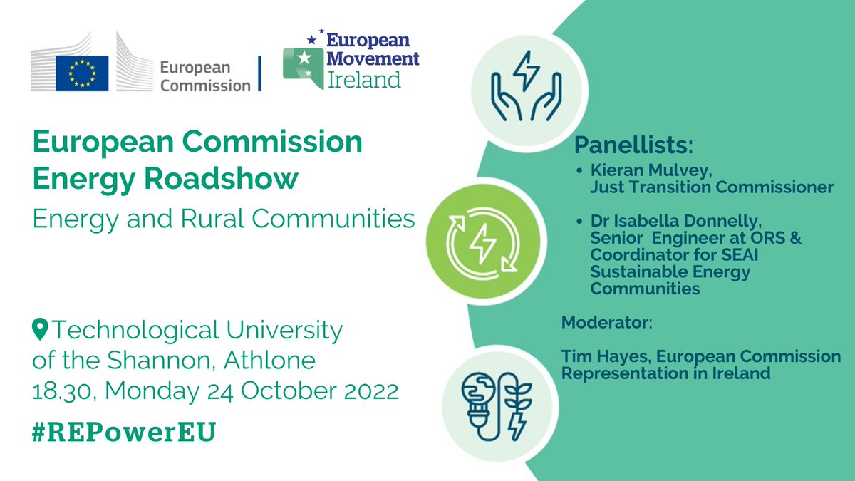🗓Join us & @emireland in @TUS_ie, #Athlone on Monday 24 October @ 18.30 for a panel discussion on #Energy & Rural Communities. With Kieran Mulvey, #JustTransition Commissioner & Dr Isabella Donnelly @SEAI_ie. Prior registration is essential👉europa.eu/!hgpD3P #REPowerEU