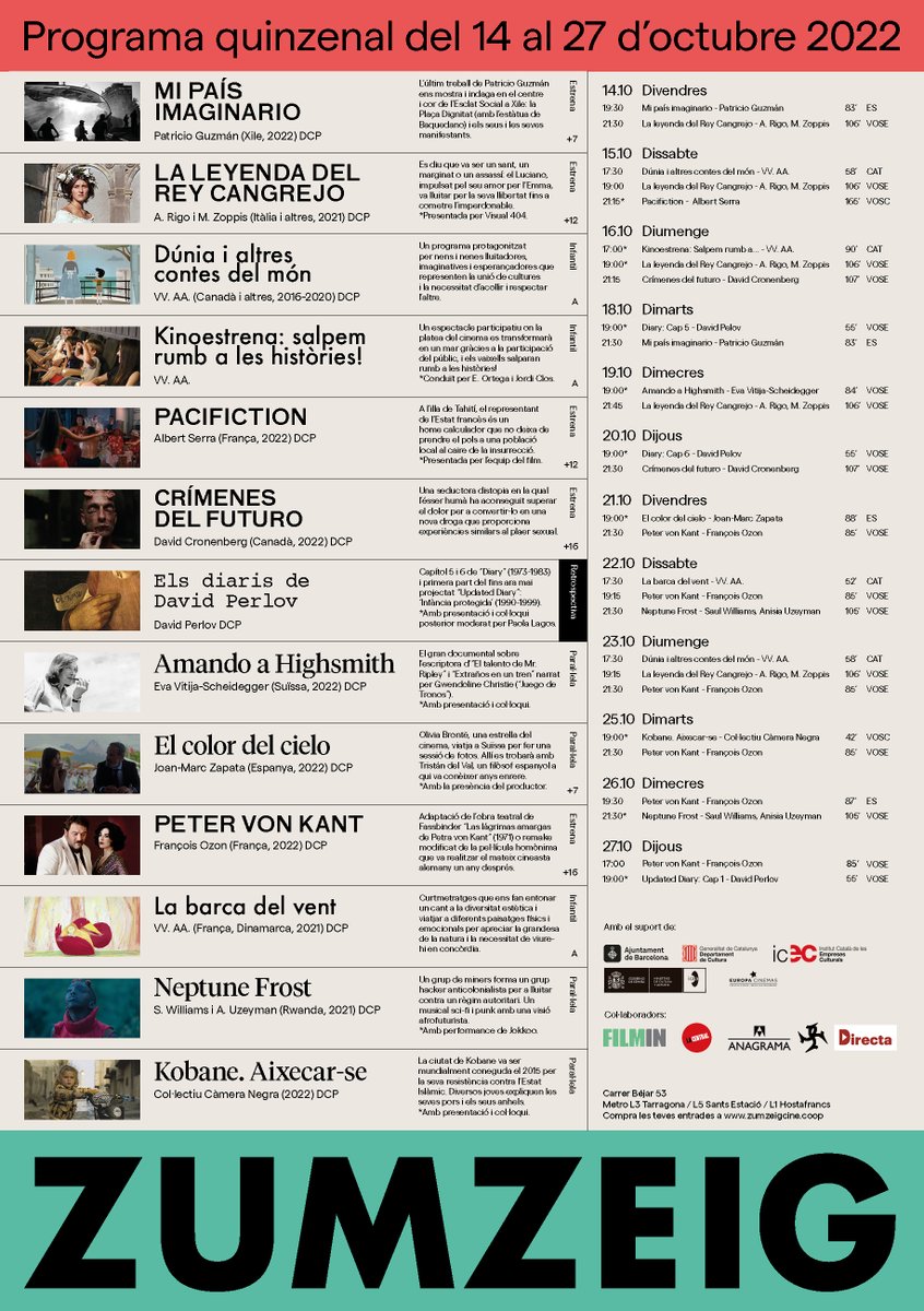 ZumzeigCinema's tweet photo. Ja tenim la nostra programació quinzenal! 🪩🖼️✨
Estrenes, un espectacle participatiu per a tota la família, sessions especials i continuem amb la retrospectiva dedicada a #DavidPerlov
Calendari i horaris👇
https://t.co/KLT9PKKeWk https://t.co/uXFKlvvXjN