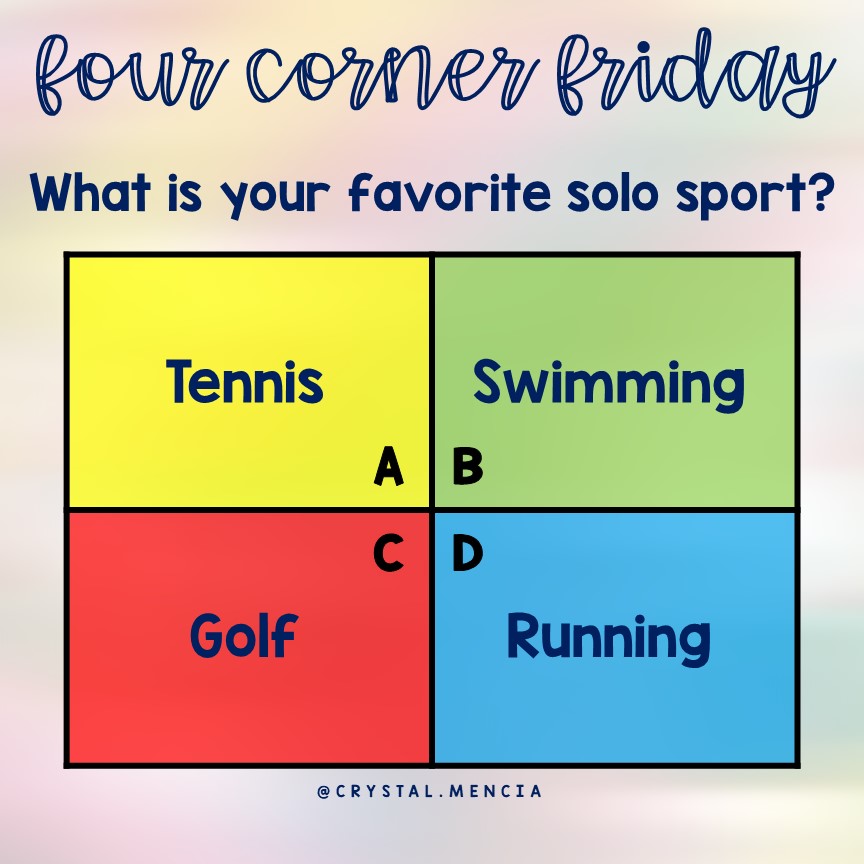 CrystalMenciaTP's tweet photo. What is your favorite solo sport? 

[Image Description: Four options are provided: tennis, swimming, golf, or running.]

#MorningMeetingIdeas #FourCorners #FourCornerFriday https://t.co/9om8DB3eBo