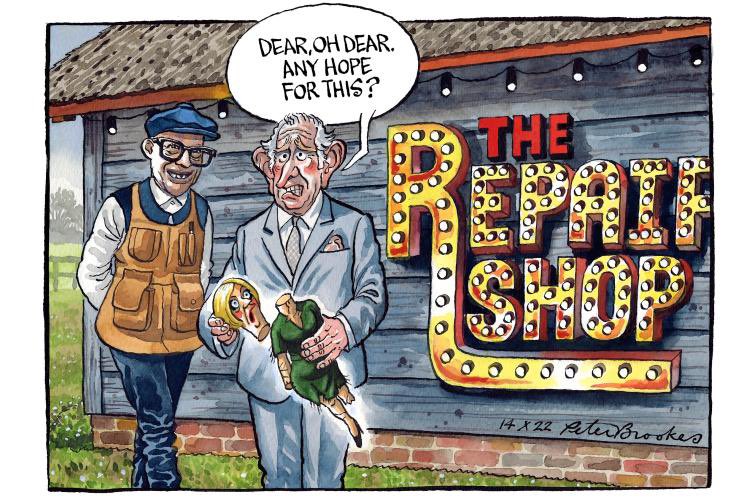 My cartoon Friday @TheTimes. The King to be filmed in episode of #TheRepairShop….#LizTruss #minibudget2022