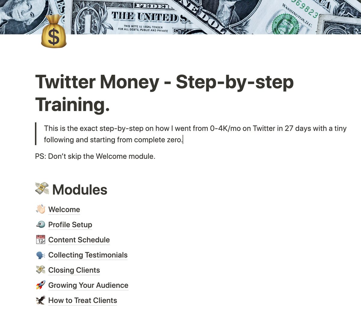 I’m about to hit 1k Twitter homies.

Since ya’ll are my day-ones…

I put together a step-by-step video training on how I went from 0-4k/mo in 27 days w/ only 30 followers.

RT and comment “training” and I’ll DM It to you.

(Must be following)