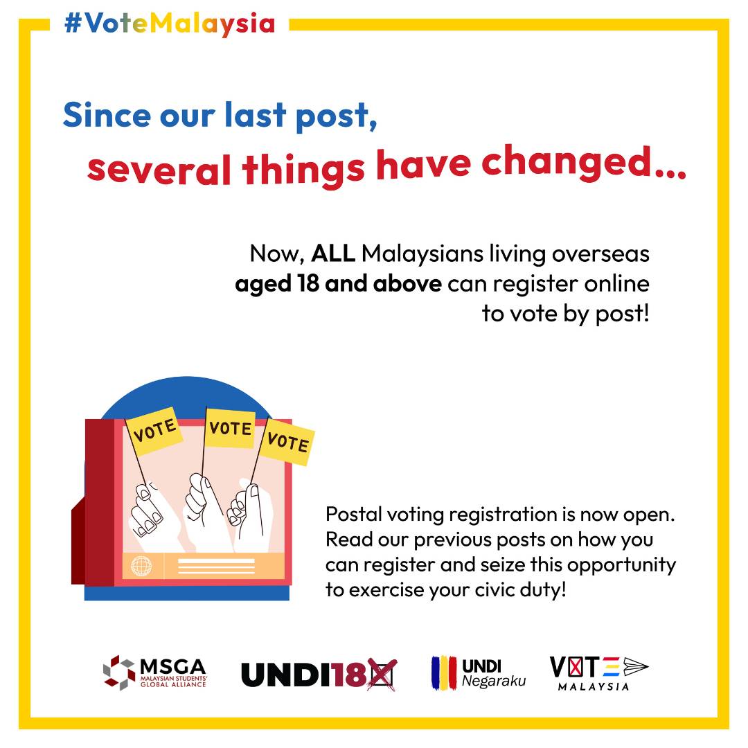 twt_MSGA's tweet photo. Major reforms have been carried out towards postal voting. Now, ALL Malaysians aged 18 and above can vote by post!

Seize this opportunity to exercise your civic duty!

#GE15 #PRU #Undi18 #MSGA #VoteMalaysia https://t.co/MjwW53BIEt