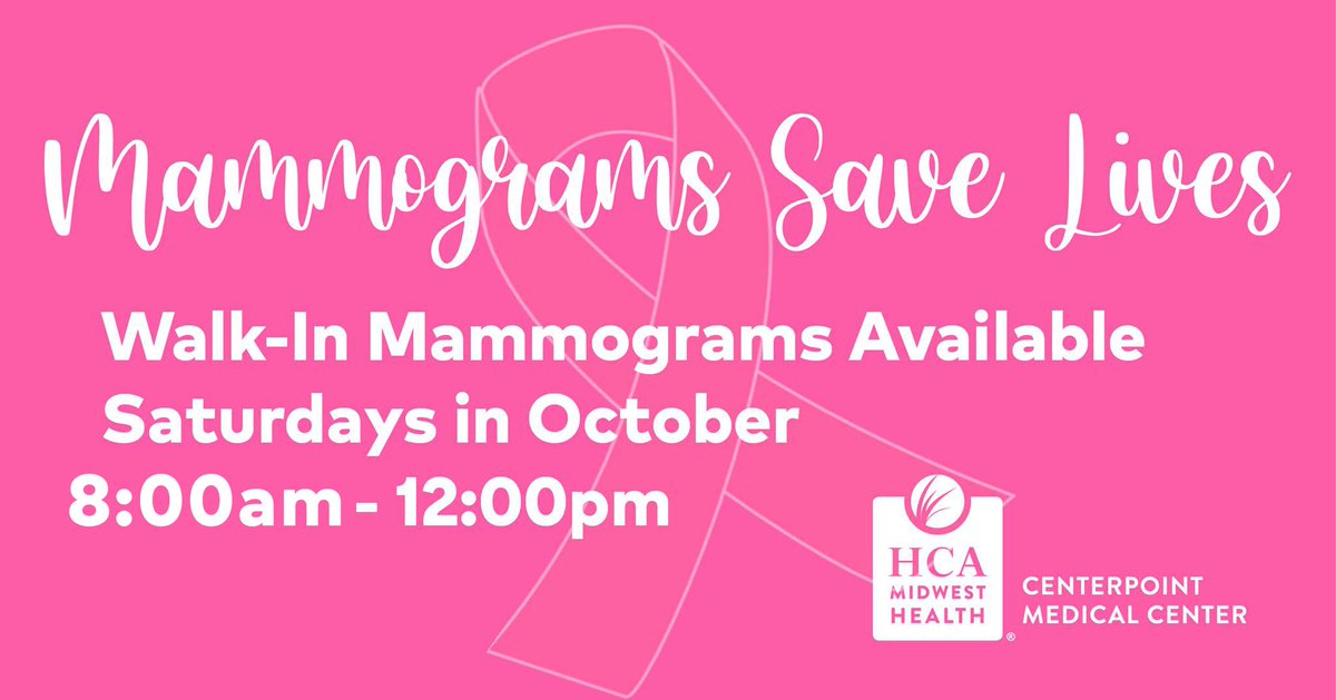Saturday Walk-In Mammograms at Centerpoint Medical Center:
✅ Convenient!
✅ The Latest Technology!
✅ No appointment necessary!
Centerpoint Outpatient Imaging is offering walk-in mammograms on Saturdays during the month of October from 8:00 am - 12:00pm.