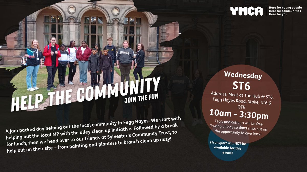ymcans's tweet photo. YMCA Go! Gives Back in ST6! 🤝

Join us on October half-term Wednesday as we help the community.  🚮 Don't forget to wear old clothes for painting!

No transport is available to the event. 

#YMCA #YMCAGO! https://t.co/XrXcA6MY72