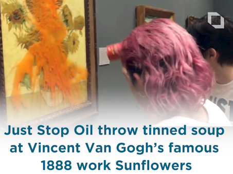 LondonLive's tweet image. Two protesters from @JustStop_Oil have thrown tinned soup at Vincent Van Gogh’s famous 1888 work Sunflowers at the National Gallery in London.

The pair threw two tins of Heinz tomato soup before security was called in and visitors escorted out of the room.

#juststopoil #vangogh