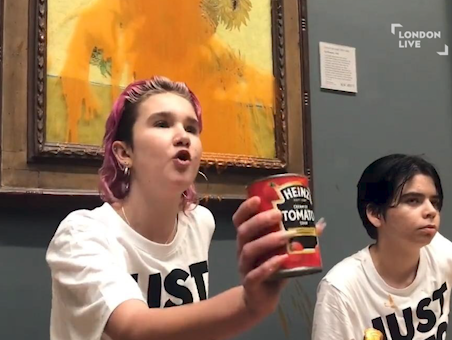 LondonLive's tweet image. Two protesters from @JustStop_Oil have thrown tinned soup at Vincent Van Gogh’s famous 1888 work Sunflowers at the National Gallery in London.

The pair threw two tins of Heinz tomato soup before security was called in and visitors escorted out of the room.

#juststopoil #vangogh
