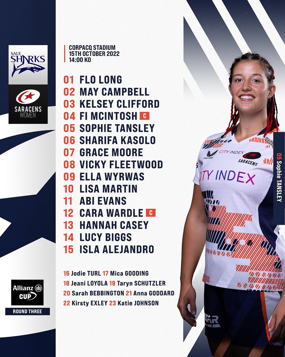 🚨𝗧𝗘𝗔𝗠'𝗦 𝗨𝗣💥

8️⃣ <a href="/vickyfleetwood/">Vicky Fleetwood</a> returns
1️⃣ Debut for <a href="/Flo_Long3/">Florence Long</a> 
🔃 <a href="/Shorty10x/">Lisa Martin</a> starts at fly-half

Full team news👉 bit.ly/3g62u0A

#YourSaracens💫