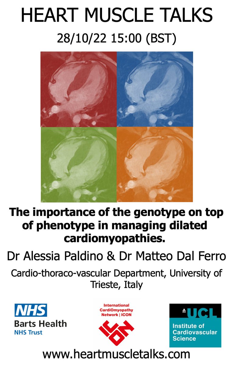 Do not miss the next Heart Muscle Talks session! 

Drs <a href="/matteodalferro/">matteo dal ferro</a> and Alessia Paldino will be presenting on "The importance of the genotype on top of phenotype in managing dilated cardiomyopathies".

🗓Friday, 28/10/2022
🕟15:00 (BST)
Register👉 ucl.zoom.us/webinar/regist…