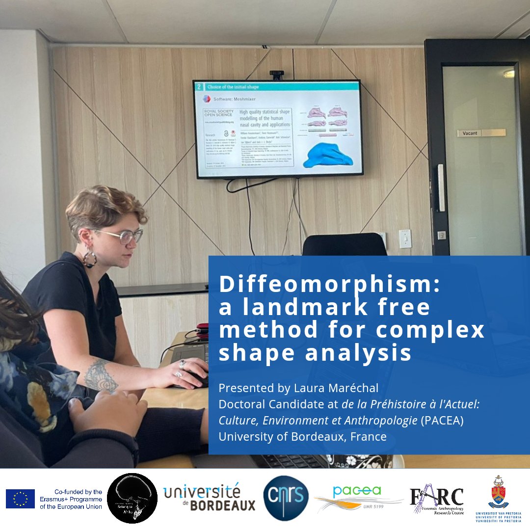UPAnthro's tweet photo. In August 2022 Laura Maréchal, a PhD candidate from @univbordeaux visited on a mobility as part of the @BakengSeAfrika project.
Her mobility is made possible by the co-funding provided by #ErasmusPlus
#eucofunded #bakengseafrika #research #shapeanalysis #diffeomorphism https://t.co/J6Vtx6ZIJN