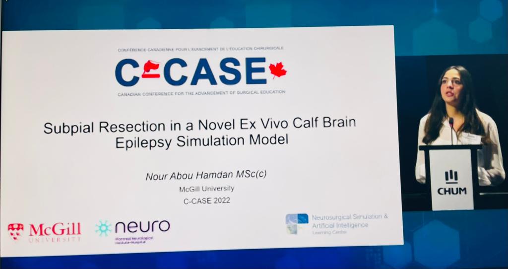 AI_SimCentre's tweet photo. Great presentation by Dr. Nour Hamdan at the C-CASE Meeting entitled: Subpial Resection in an Ex Vivo Novel Calf Brain Epilepsy Simulation Model. Great new model to assess surgical skills during epilepsy surgery. https://t.co/9iKtMSwfGs