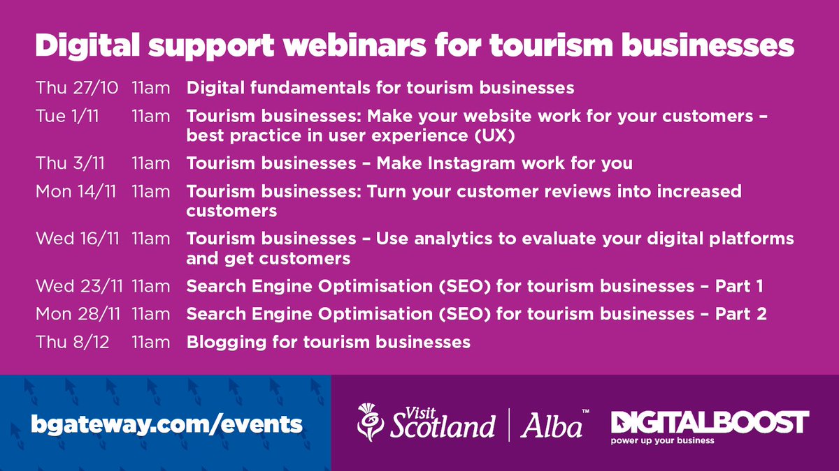 Calling all #Tourism businesses 📣 Our #DigitalBoost webinar series with @VisitScotland is back! From improving your search engine rankings to creating great blog content - we've got you covered. Find out what's coming up below & grab your free space 👉 ow.ly/kWcO50L6Hkw