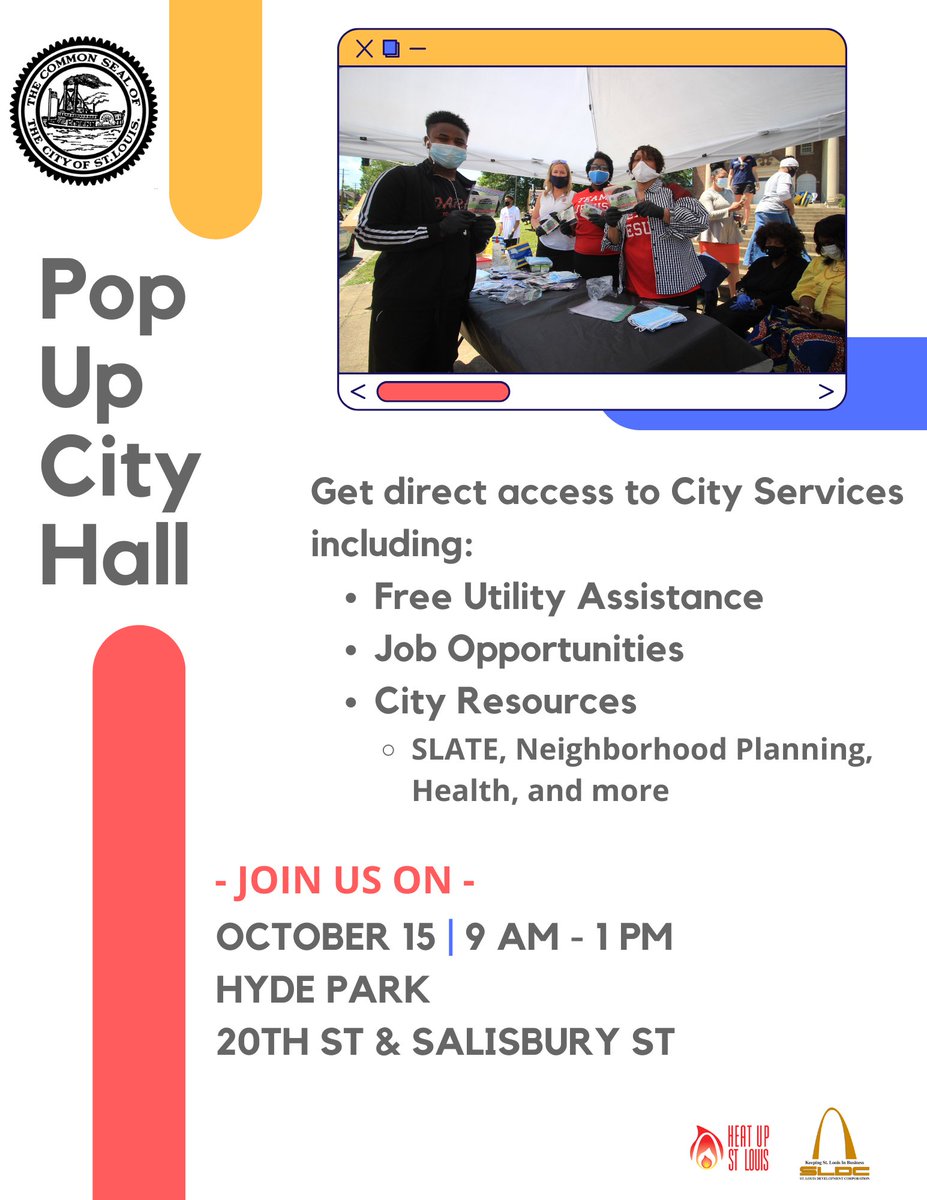 #SpreadTheWord: Saturday we’ll be traveling to North City again. This time Hyde Park to give neighbors in that area a chance to sign-up for utility assistance. Join us as we do a @STLCityGov City Hall Pop-up.