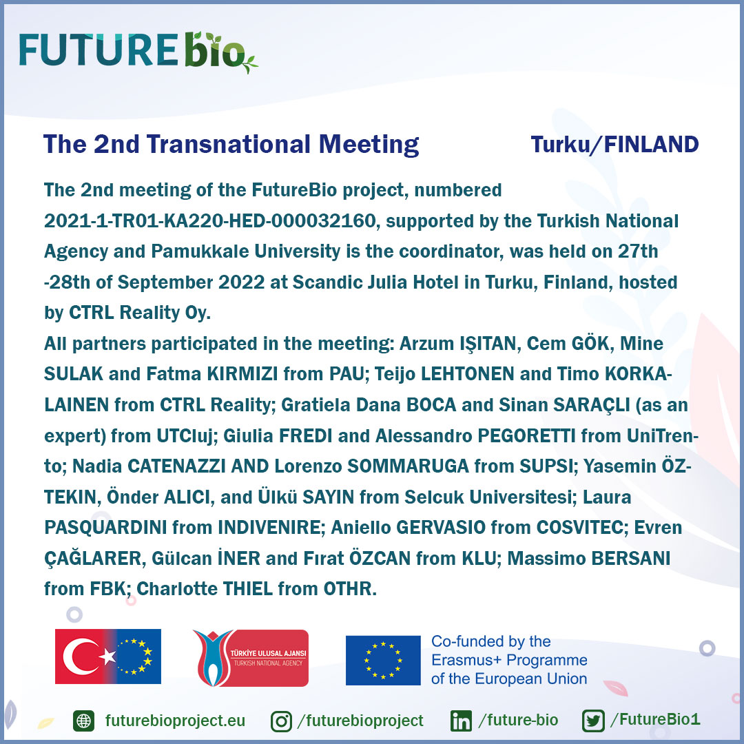 FutureBio1's tweet photo. The 2nd meeting of the FutureBio project, was held on 27th -28th of September 2022 at Scandic Julia Hotel in Turku, Finland, hosted by CTRL Reality Oy.
@ulusalajans @abbaskanligi
#Erasmus+ #finland #türkiye #strategicpartnership #environment #bioplastic #vr #oculus #technology https://t.co/cKQZ9vyIYF