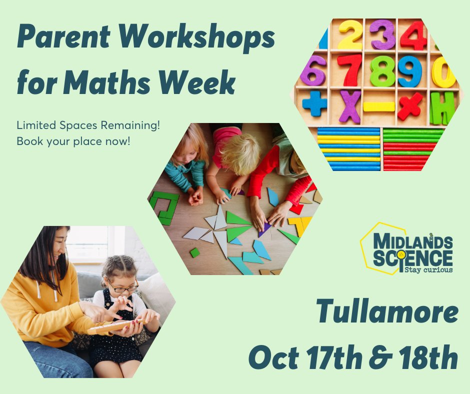 midlandsscience's tweet image. Calling all parents! Limited spaces remaining in our Maths Week Parent Workshops! Build confidence, help your children enjoy Maths &amp;amp; see how relevant Maths is to everyday life - Book Now: eventbrite.ie/e/maths-worksh… #FreeWorkshops #MathsWeek #UnderstandingMaths #Tullamore #Offaly