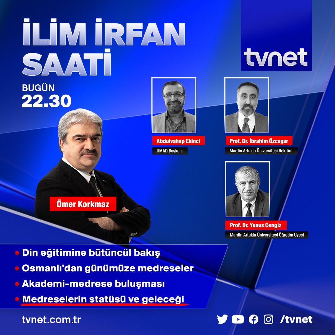 Rektörümüz <a href="/ibrahimozcosar/">ibrahim özcoşar</a>, Edebiyat Fakültesi Dekanımız <a href="/YUNUSCENGIZ1/">Yunus Cengiz</a> ve  <a href="/umaddernegi/">UMAD Derneği</a> başkanı <a href="/avahapekinci/">Abdulvahap Ekinci</a> ile birlikte bu akşam 22.30'da <a href="/tvnet/">TVNET</a> televizyonu #İlimİrfanSaati programında
<a href="/omerkorkmaztr/">Ömer Korkmaz</a>‘ye konuk oluyor. 

Bütün <a href="/mardinartuklu/">Mardin Artuklu Üniversitesi</a> ailesini 📺ekran başına bekliyoruz.