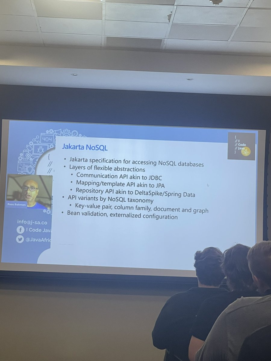 Stumarash's tweet photo. Jakarta NoSQL Powered by
Cosmos DB on the Cloud presented by Reza Rahman
Principal Program Manager for Java on Azure
Azure at @MicrosoftSA @Microsoft
#ICJ22 @JavaAfrica https://t.co/Bngn7F5SoK