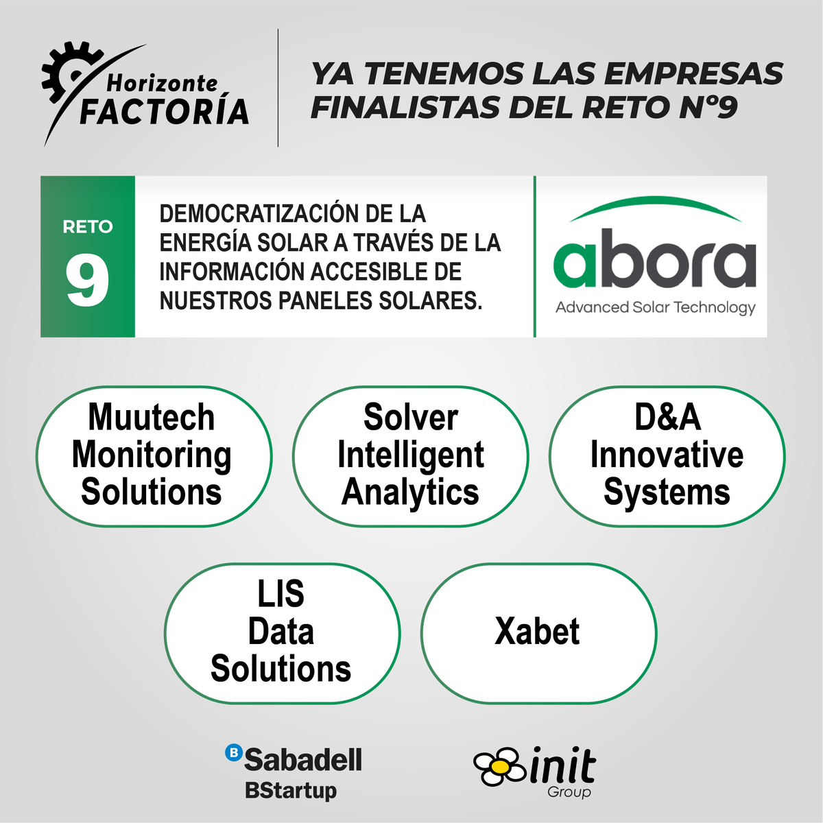 Grupo_init's tweet photo. Ya tenemos finalistas del reto que posicionaba @AboraSolar en nuestro laboratorio de innovación abierta industrial #HorizonteFactoría para la creación de un sistema que permita conocer cuánto ahorramos gracias a la energía solar que ponemos en nuestros edificios. ¡Felicidades! https://t.co/iOEYuVi8LS