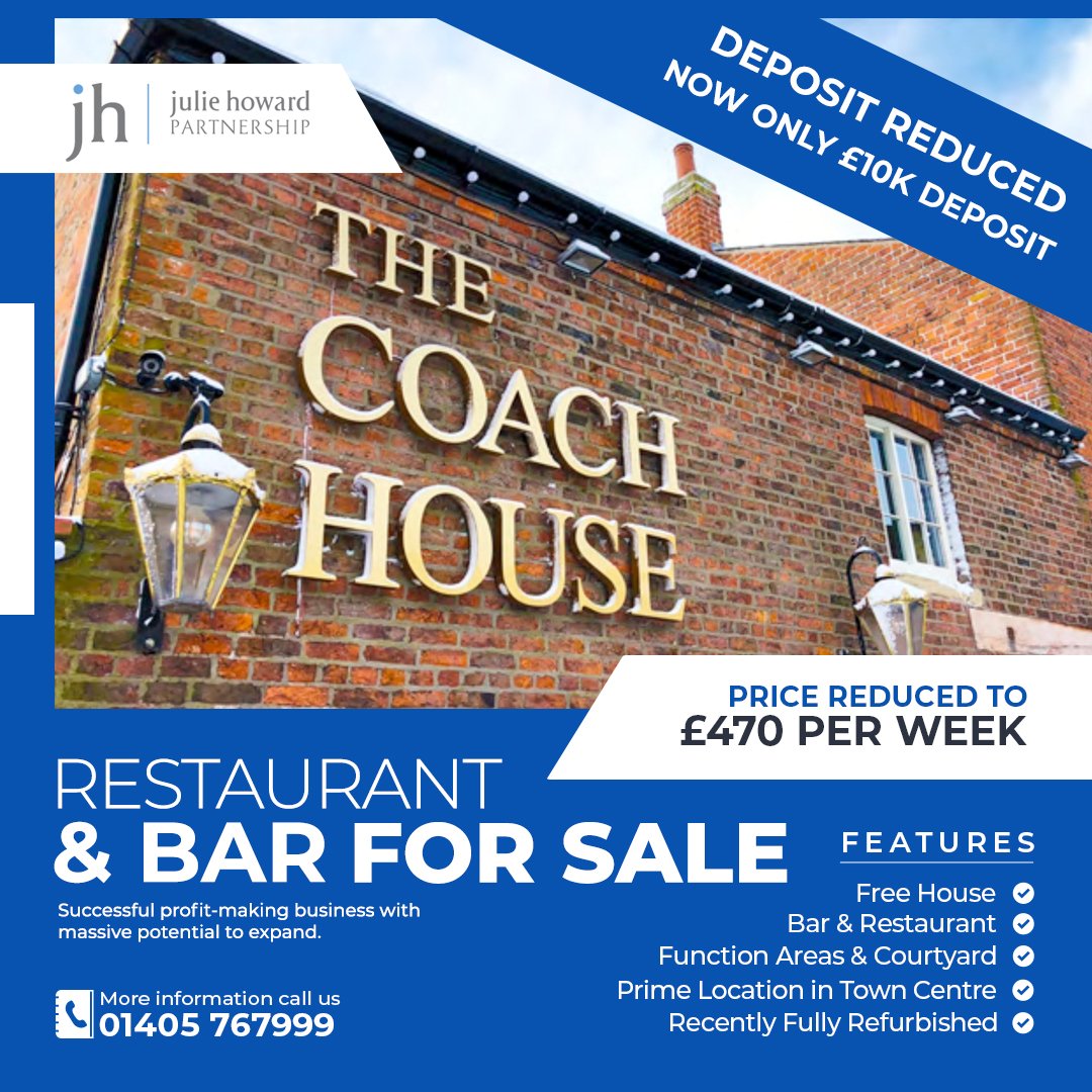 JulieHowardP's tweet photo. BAR/RESTAURANT BUSINESS FOR SALE....
‼️ONLY £10k DEPOSIT &amp; £470 PER WEEK‼️

This successful profit-making business has massive potential. Includes Bar, Restaurant, Function Areas &amp; Courtyard.

For more information and to arrange a viewing please call 01405 767999
#businessforsale https://t.co/8yva3CmmQO
