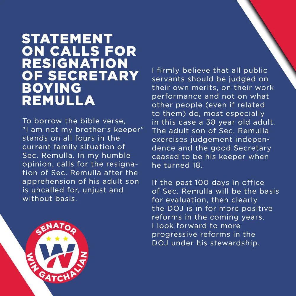 WinGatchalian74's tweet photo. In my humble opinion, calls for the resignation of Sec. Remulla after the apprehension of his adult son is uncalled for, unjust and without basis. https://t.co/99o7NZUofT