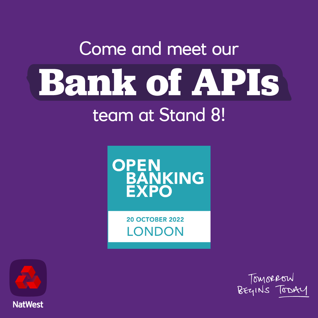 NatWest_CI's tweet photo. We’re delighted to be sponsoring Open Banking Expo UK, which takes place on 20 October at the Business Design Centre in London.
#BankOfAPIs #OpenBanking
