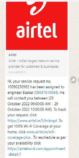 sindhujourno's tweet photo. @airtelindia Now I got the below message from #airtel saying that my complaint will be attended on 29 October 2022. What proof you need for the outstanding grievance resolution? https://t.co/lLoucdVCQd