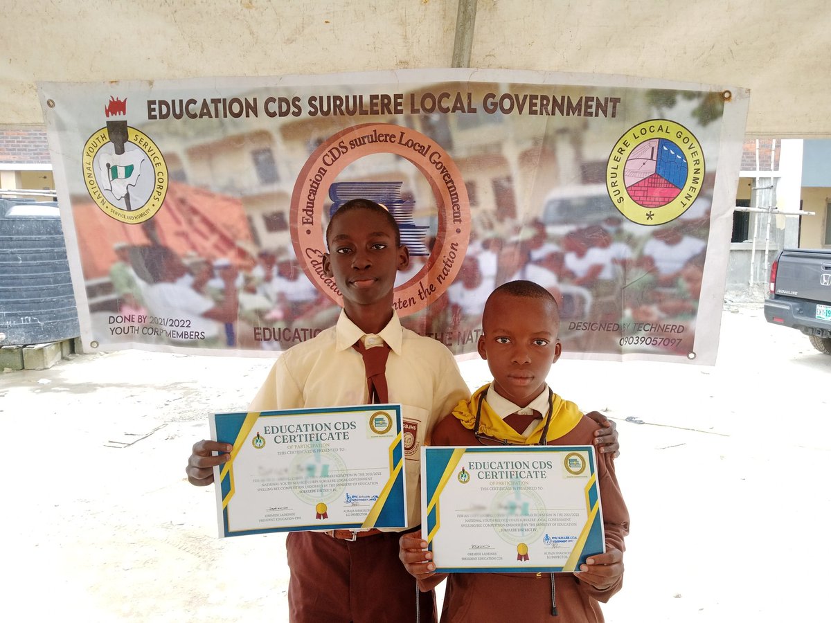 NwigweEbube3's tweet photo. Congratulations to my students who won the spelling bee competition sponsored by the Education CDS, NYSC, Surulere Local Government Area of Lagos state.
I am incredibly proud of you two.
#TeachForNigeria #tfnimpactstories
#TFNFellow https://t.co/vKQUD6n4mL