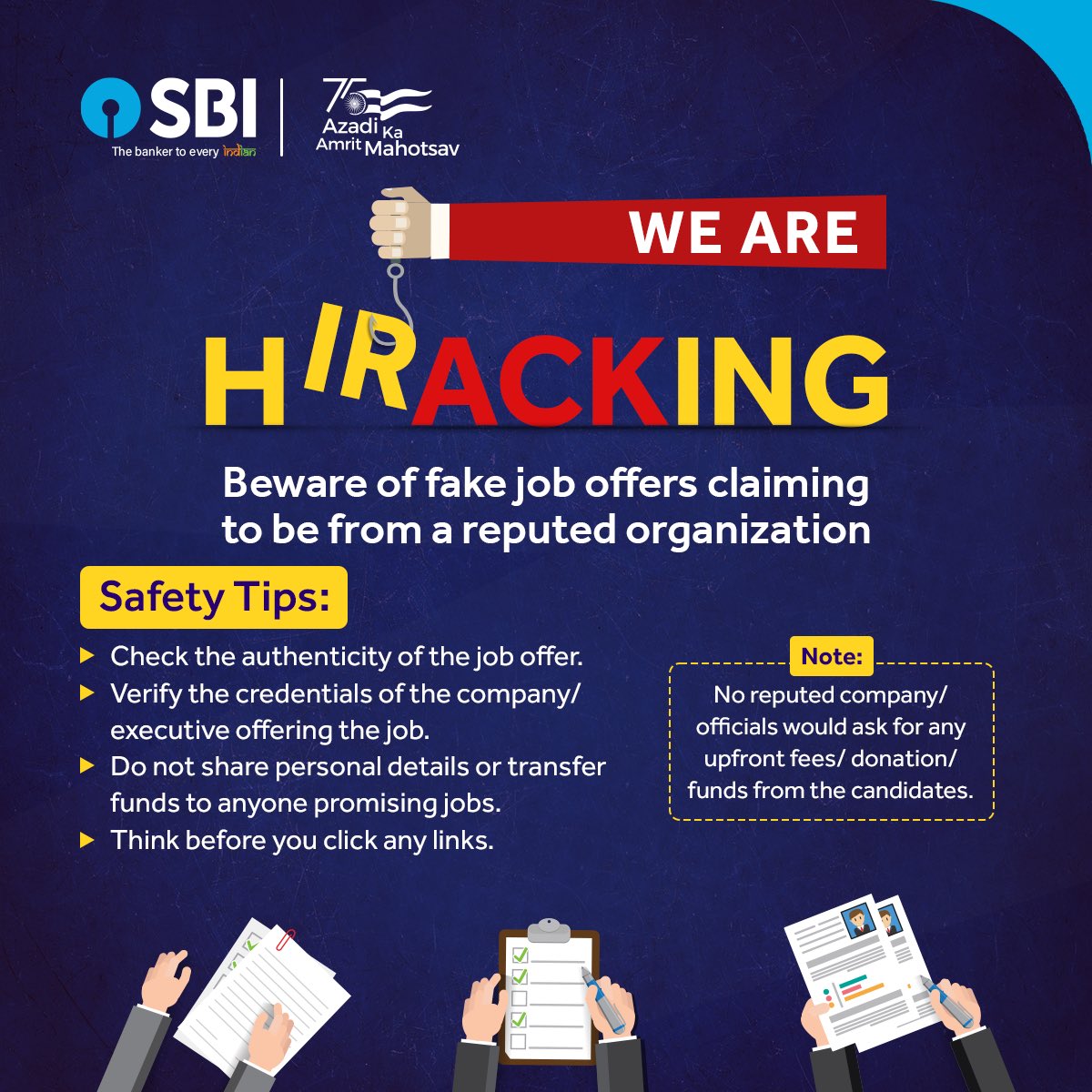 TheOfficialSBI's tweet photo. Internet is filled with scammers preying on job seekers. Here are some safety tips. Report cyber-crimes on https://t.co/UPv14uX3YV  

#SBI #OnlineSafety #Frauds #FakeJobs #SayNoToFrauds https://t.co/33ZtZh88XU