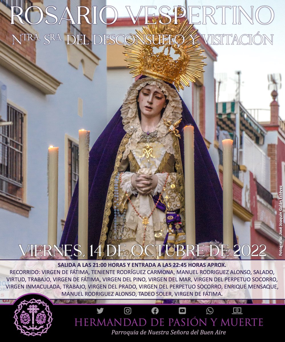 hpasionymuerte's tweet photo. CULTOS Y FORMACIÓN | ROSARIO VESPERTINO NTRA. SRA. DEL DESCONSUELO Y VISITACIÓN.

📆 Hoy, 14 de octubre.
🕛 21:00-22:45 horas.
🎵 Quinteto de metales de la @BandaMairena.

ℹ️ https://t.co/pOpOmS5SCb

#HermandadPasiónyMuerte https://t.co/IyTyJ2v18b