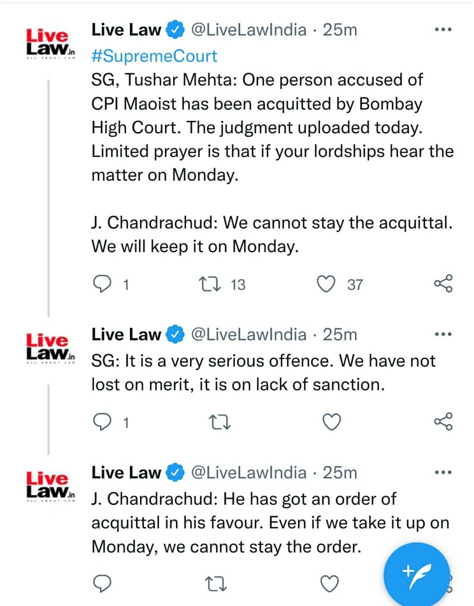 So the Maha Govt counsel SG Tushar Mehta, lost no time in moving the SCI to stay the acquittal of Saibaba and others. Justice Chandrachud firmly refused stay. Listed it for 17th. The Indian State only wants to keep people incarcerated. Release Saibaba and others from Jail NOW.