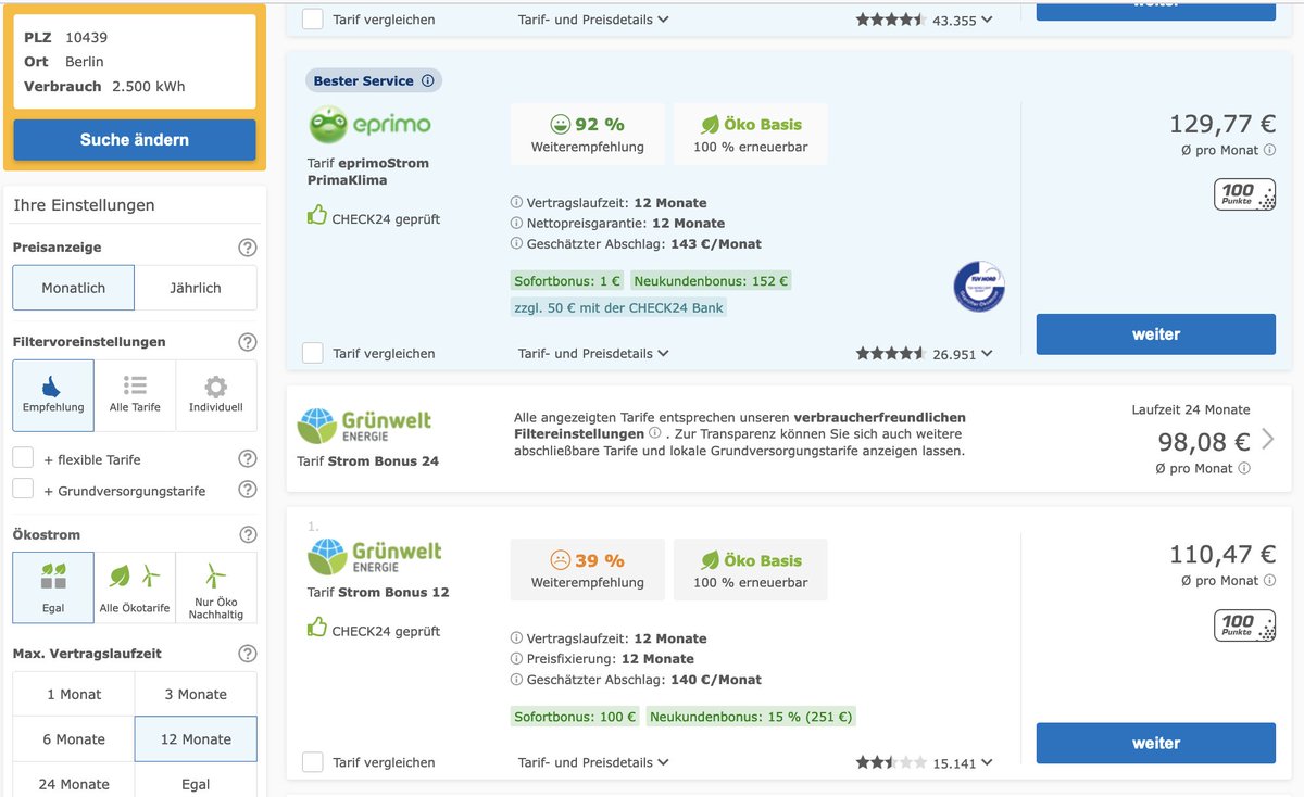 andybaumer's tweet photo. Totgesagte leben länger: Grünwelt Energie, Vertriebsmarke von #Stromio, bietet wieder Strom an. Auf @check24. Und ist in Berlin gleich wieder Nummer 1. @cutwindt @UdoSiev https://t.co/M2xn2Vao6a
