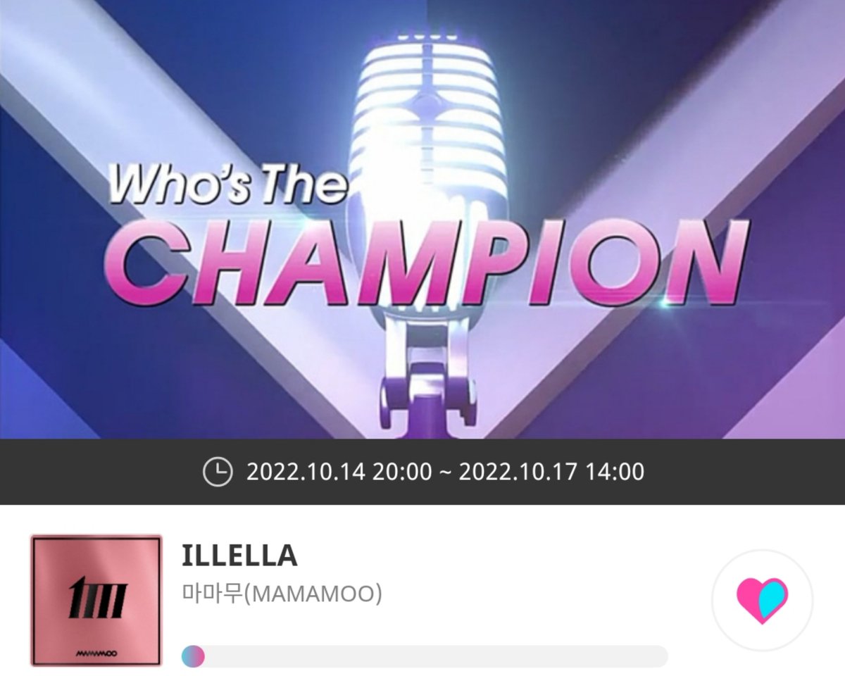 IDOL CHAMP

The pre-voting for Show Champion has started! Please refer to <a href="/MMM_VotingTeam/">MAMAMOO VOTING TEAM</a> for more guidance.

📆 until October 17, 2PM KST
🗳️100 votes per day per account

🔗promo-web.idolchamp.com/app_proxy.html…

#MAMAMOO #마마무 <a href="/RBW_MAMAMOO/">마마무(MAMAMOO)</a>