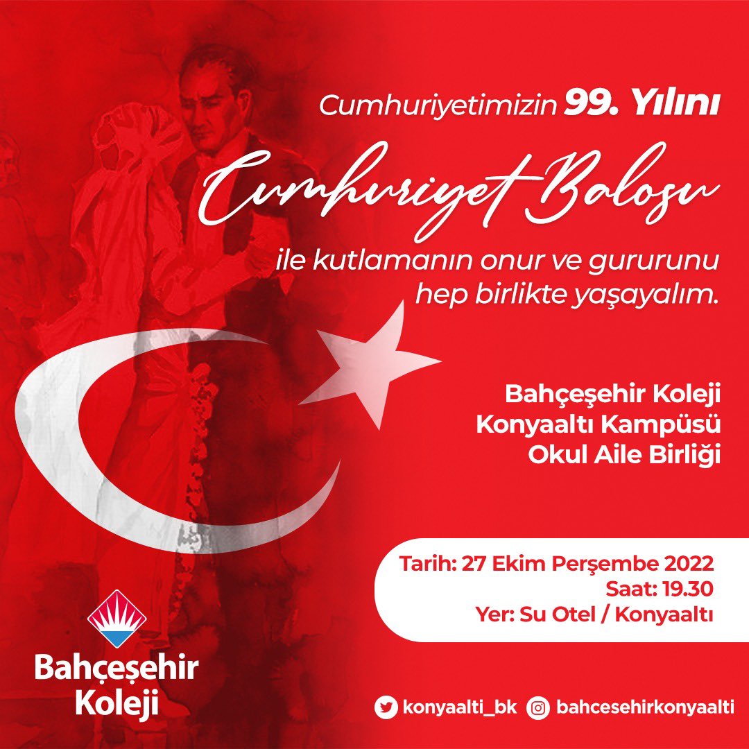 Cumhuriyetimizin 99.Yılını Cumhuriyet Balosu ile kutlamanın onur ve gururunu hep birlikte yaşayalım.

#29Ekim
#bahçeşehirkoleji ❤️💙
#konyaaltıkampüsü