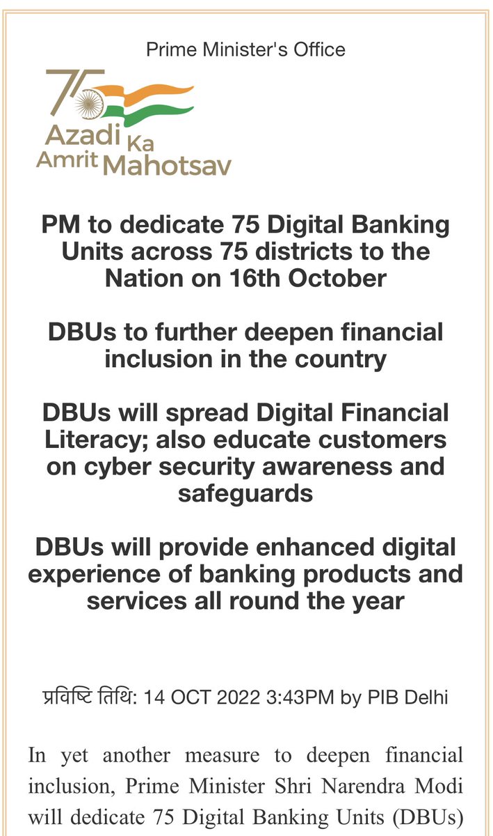 Prime Minister Shri @narendramodi to dedicate 75 Digital Banking Units #DBUs across 75 districts to the Nation on 16th October 👉 DBUs to further deepen #FinancialInclusion in the country Read more ➡️ pib.gov.in/PressReleasePa… @RBI (1/2)