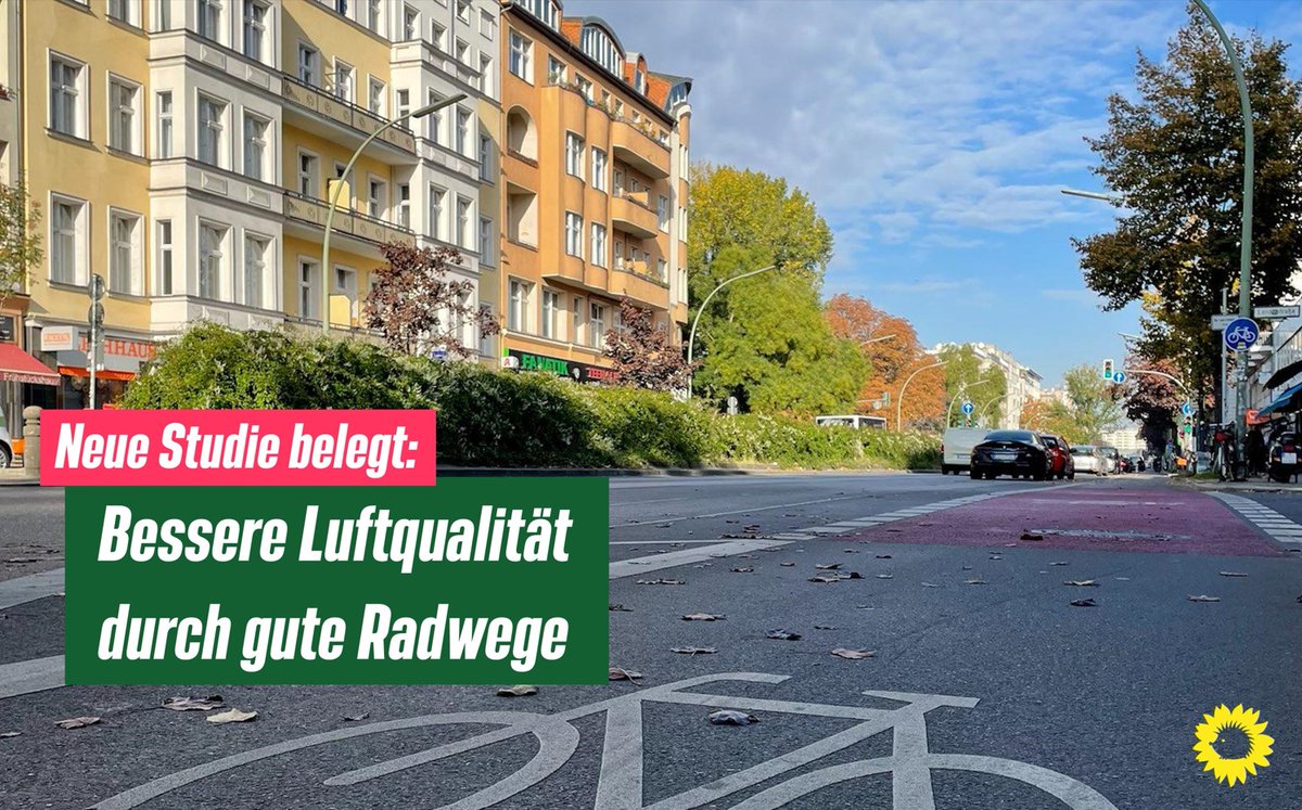 Bessere Luftqualität durch gute Radwege: Forscher*innen des @IASS_Potsdam haben herausgefunden, dass nach der Errichtung von Pop-Up-Radwegen am Kottbusser Damm im Jahr 2020 die Stickstoffdioxid-Belastung für Radfahrer*innen um 22% gesunken ist. #Verkehrswende (1/4)