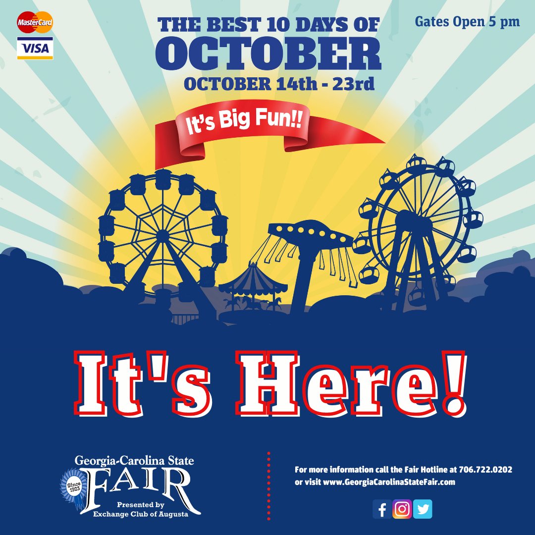 GaSc_StateFair's tweet photo. The BEST 10 DAYS of October are FINALLY Here! Welcome Back!!
#GeorgiaCarolinaStateFair #itsbigfun #thebest10daysofoctober #GCSF #fairrides #fairfood #exchangeclubofaugusta https://t.co/qLRQKxMM6p