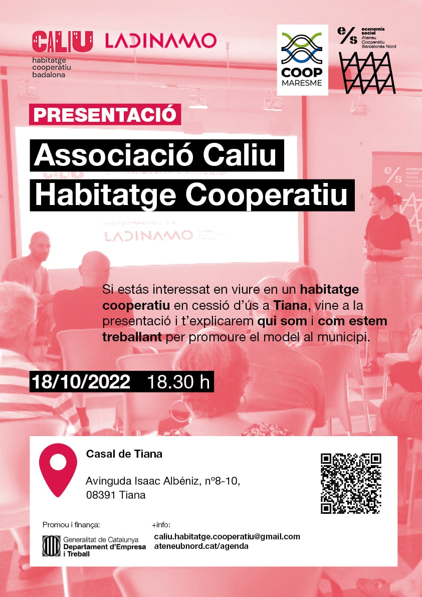CaliuHab's tweet photo. Presentació de Caliu a #Tiana. Si creieu que un altre model d'habitage és possible, veniu el proper dimarts, i us expliquem el model d'#habitatgecooperatiu en cessió d'ús! https://t.co/kzzSJcNQX6