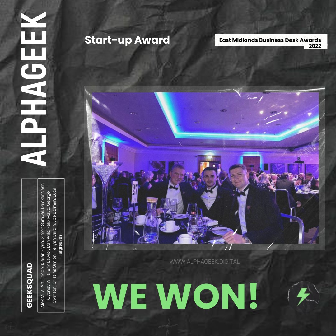 AlphageekUK's tweet photo. Last night Alphageek attended the @TBDEastMidlands awards and we are proud to announce that we won the Start-Up award ๐
A huge congratulations to all the other finalists and a big thanks to the award hosts and sponsors!
#Alphageek #GeekSquad #Unstoppable #EMBM22 #StartupAward https://t.co/41Yx4zliYj