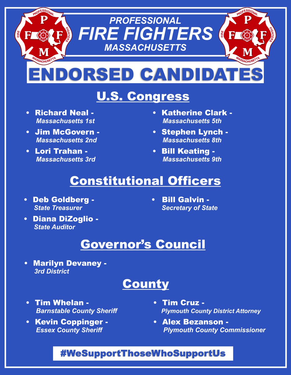 THE_PFFM's tweet photo. The Massachusetts General election is on Tuesday, November 8th. With early voting and vote-by-mail options, you may have already received your ballot for the General. Please consider supporting candidates that support your local firefighters. #WeSupportThoseWhoSupportUs https://t.co/2BkKoxpnrJ