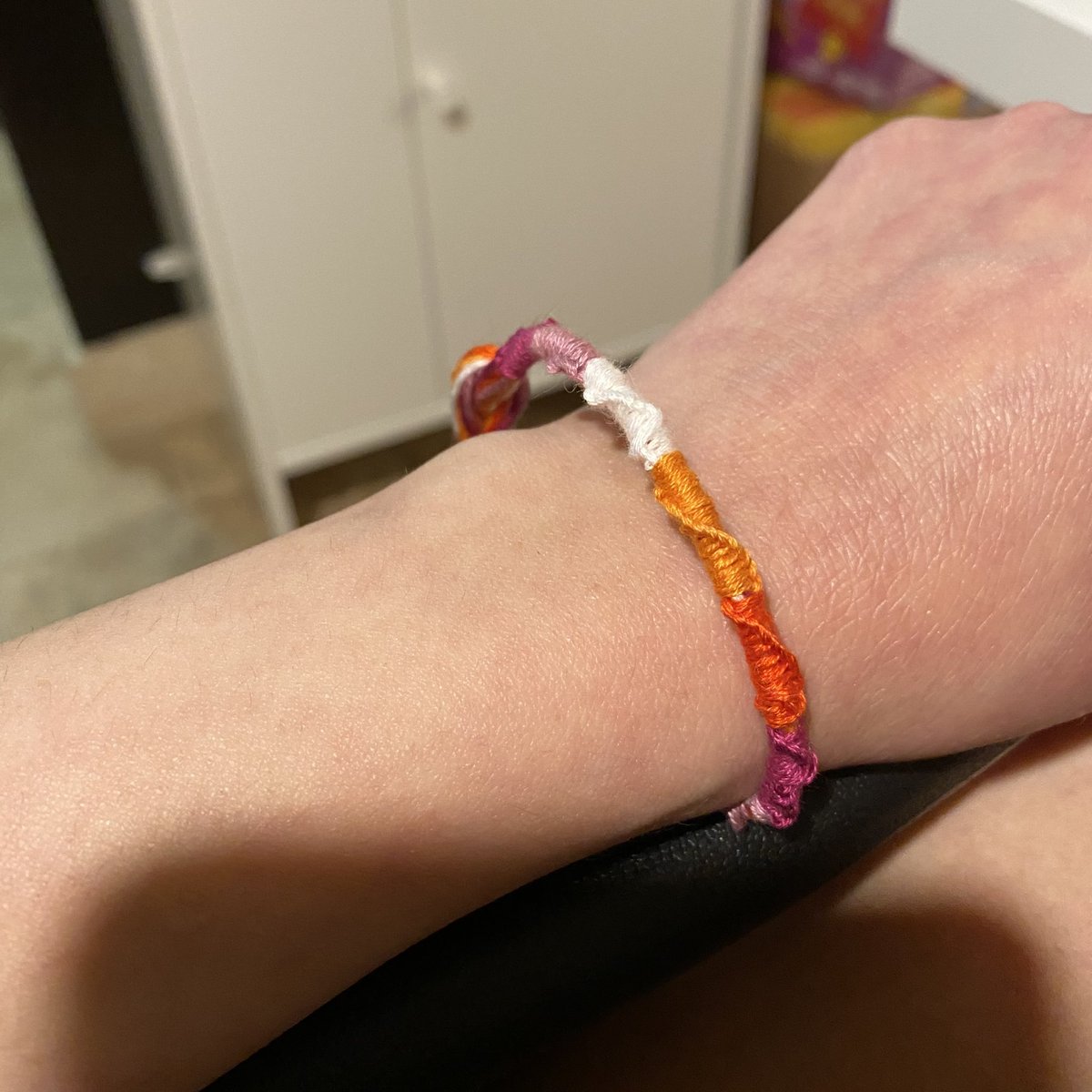 My first step into jewelry making was to weave a lesbian pride bracelet for myself. It took years for me to fully accept that I’m gay. This bracelet is my first display of self-acceptance. I couldn’t find a pride bracelet that didn’t feel overwhelming, so I made one myself.❤️