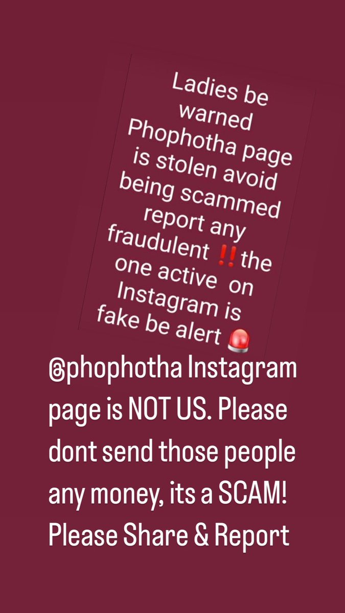 Hi Everyone 
The <a href="/phophotha/">ntombifuthi</a> INSTAGRAM page has been hacked, we cannot access our page after numerous attempts. Please DO NOT purchase anything from the page, it is NOT us. 

Please kindly Share 🙏🏾
